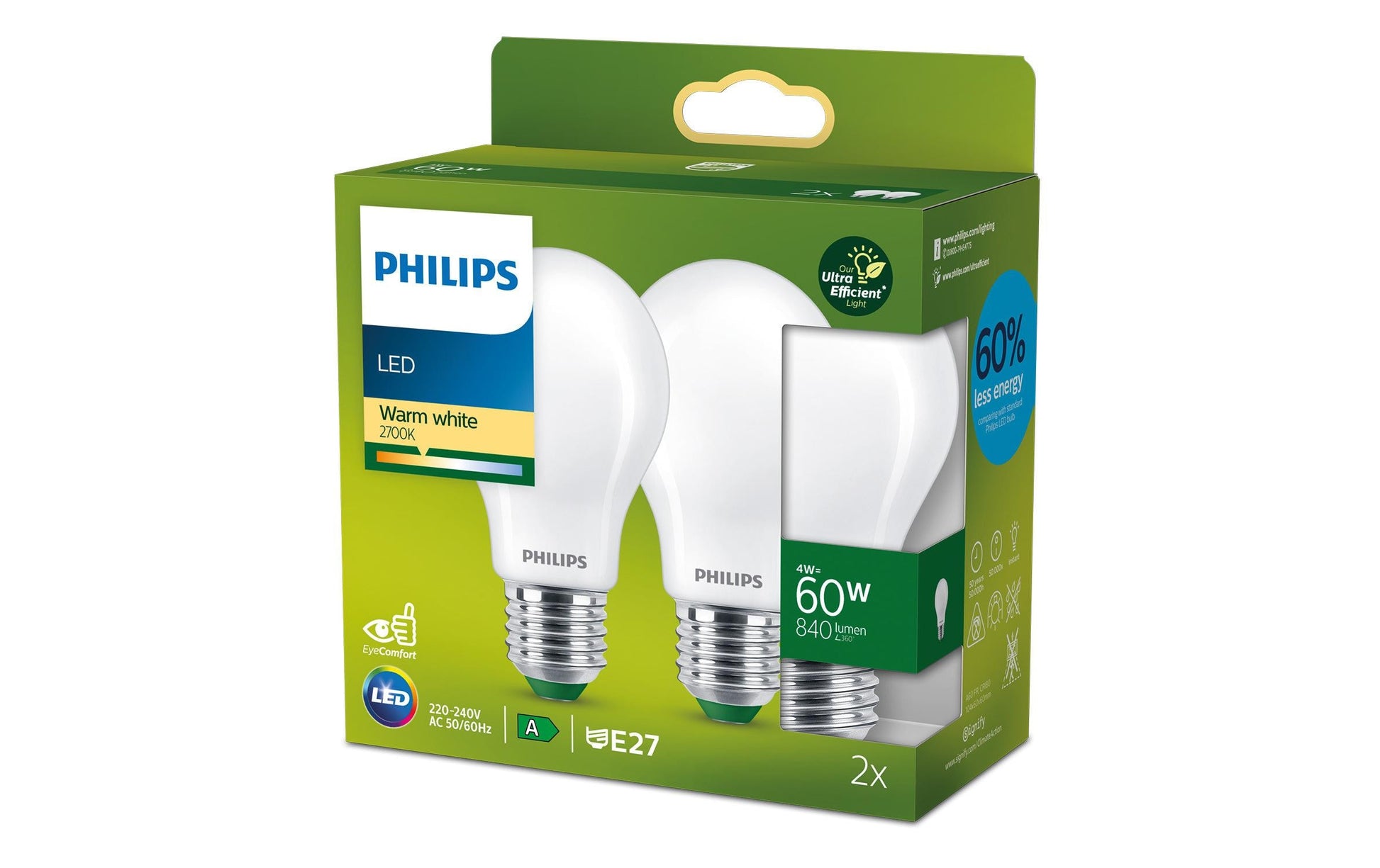 Philips by Signify Philips LED-Leuchtmittel E27 A-Form – Warmweiss 2700 K, 840 lm, 4 W – 2 Stk., Mattglas