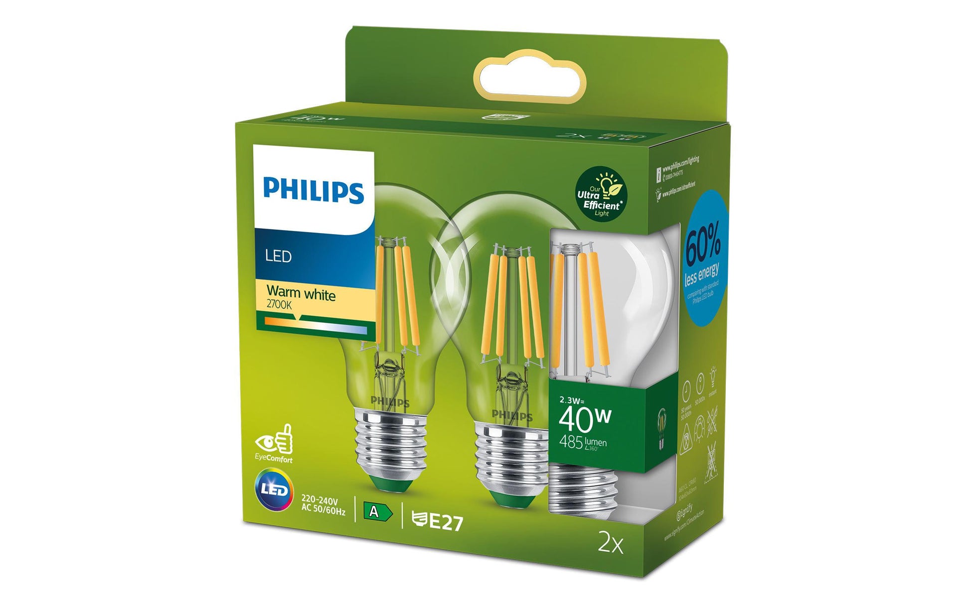 Philips by Signify Philips Leuchtmittel E27 A60 – Warmweiss 2700 K, 485 lm, 2,3 W – 2 Stk. – Transparent, Glas
