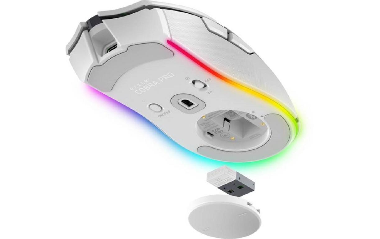 Razer Cobra Pro Gaming-Maus – kabellos, USB-C, 30'000 dpi, 8 Tasten, für Rechtshänder, RGB-Beleuchtung, weiss