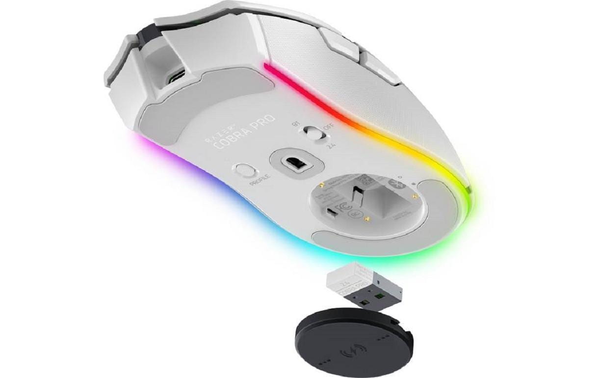 Razer Cobra Pro Gaming-Maus – kabellos, USB-C, 30'000 dpi, 8 Tasten, für Rechtshänder, RGB-Beleuchtung, weiss