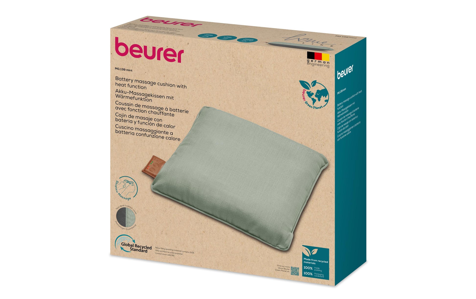 Beurer Massagekissen – Mint, 400 × 110 × 400 mm (B×H×T), 1850 g, Shiatsu, Wärmefunktion