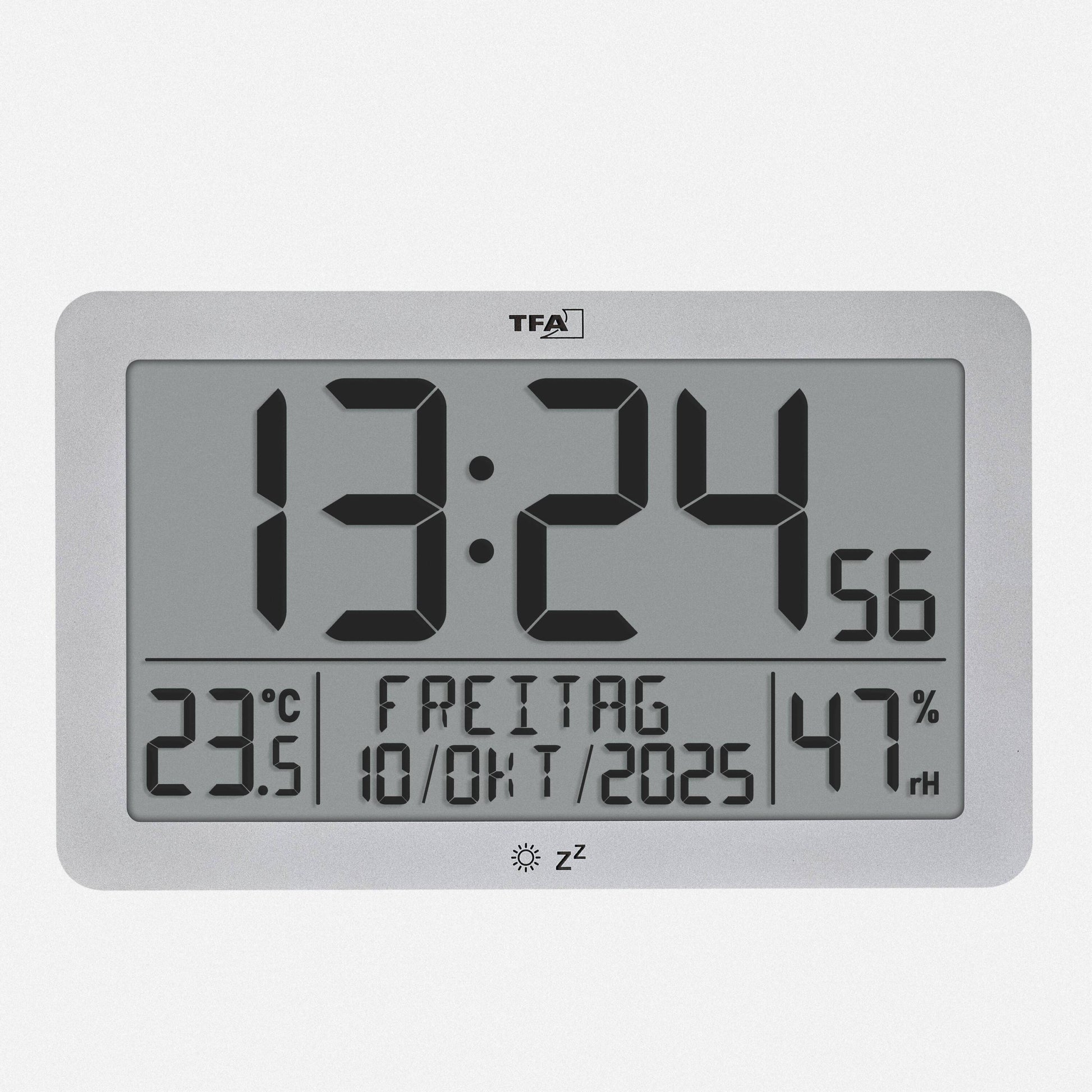 TFA-Dostmann TFA Dostmann Wanduhr – Digital, Funk, Thermometer, Hygrometer, Schlummerfunktion, Kalender, 20 × 12,4 × 6,3 cm, Silber