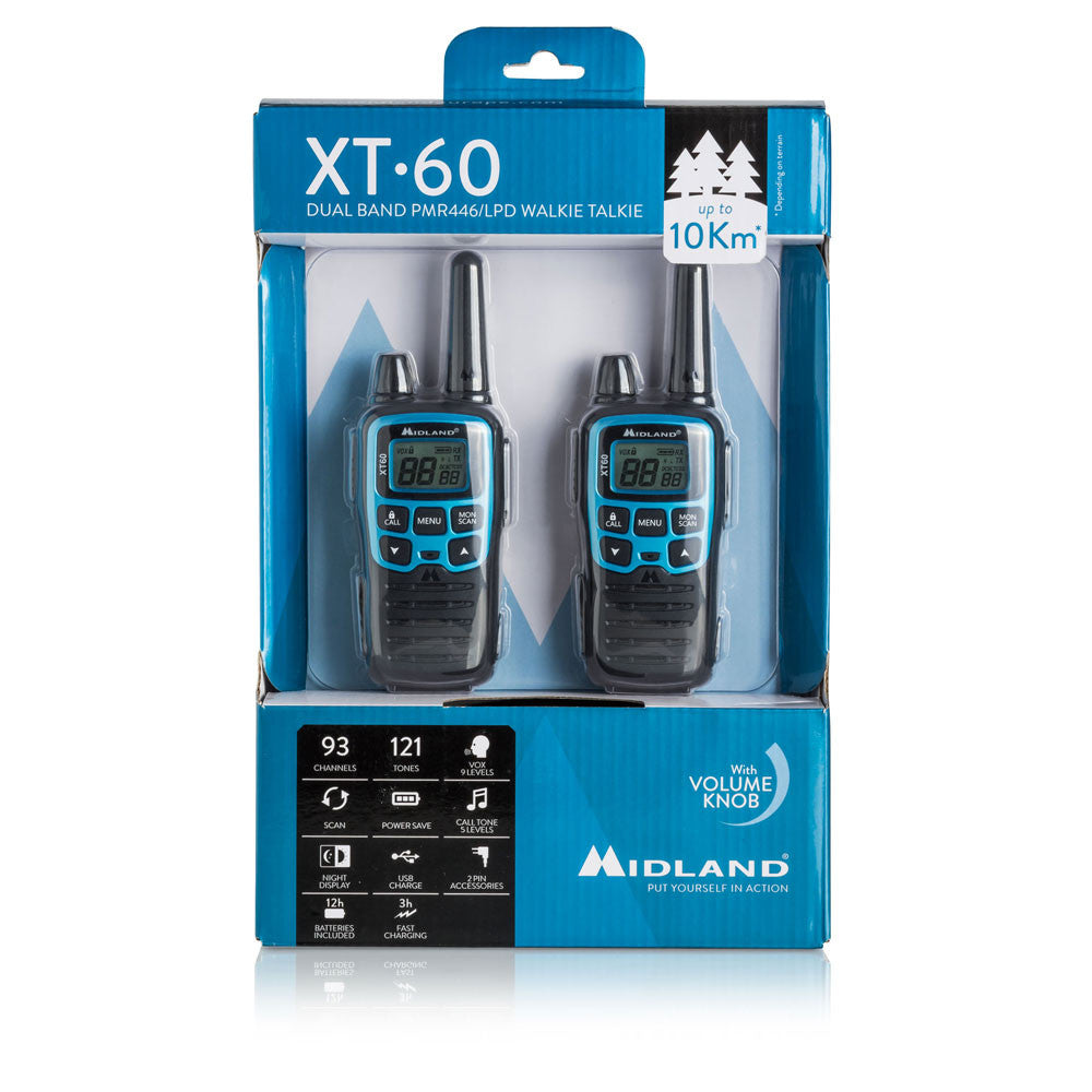 Midland XT60 – Funkgerät (2er-Set), 93 Kanäle, 446,00625–446,0937 MHz, Reichweite bis 10 km, Schwarz