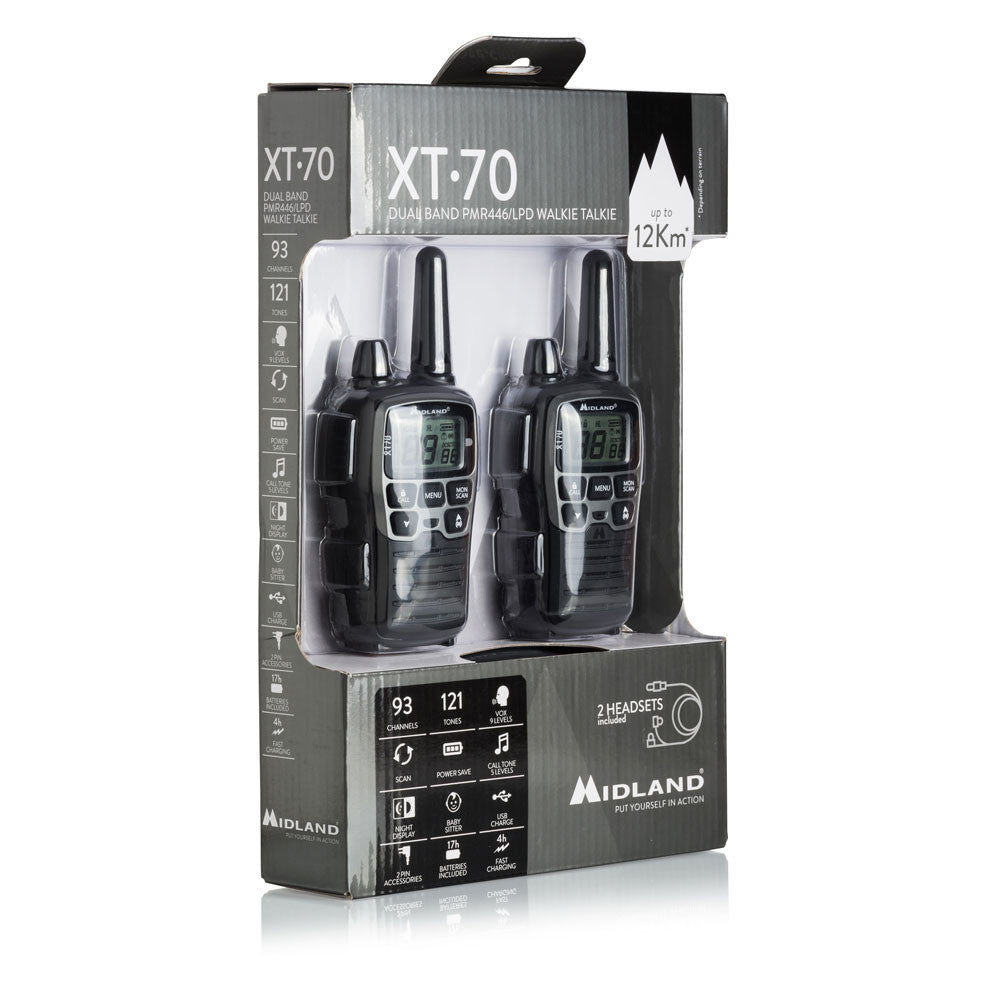 Midland XT70 – Funkgerät (2er-Set), 93 Kanäle, Reichweite bis 12 km, 446 MHz, LCD, Schwarz/Grau