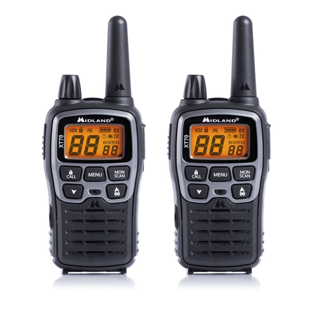 Midland XT70 – Funkgerät (2er-Set), 93 Kanäle, Reichweite bis 12 km, 446 MHz, LCD, Schwarz/Grau