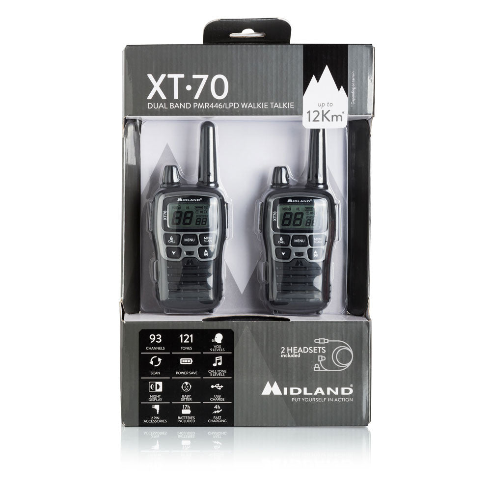 Midland XT70 – Funkgerät (2er-Set), 93 Kanäle, Reichweite bis 12 km, 446 MHz, LCD, Schwarz/Grau