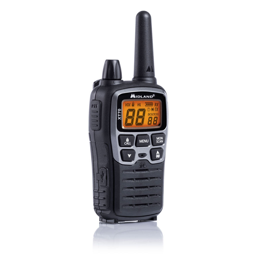 Midland XT70 – Funkgerät (2er-Set), 93 Kanäle, Reichweite bis 12 km, 446 MHz, LCD, Schwarz/Grau