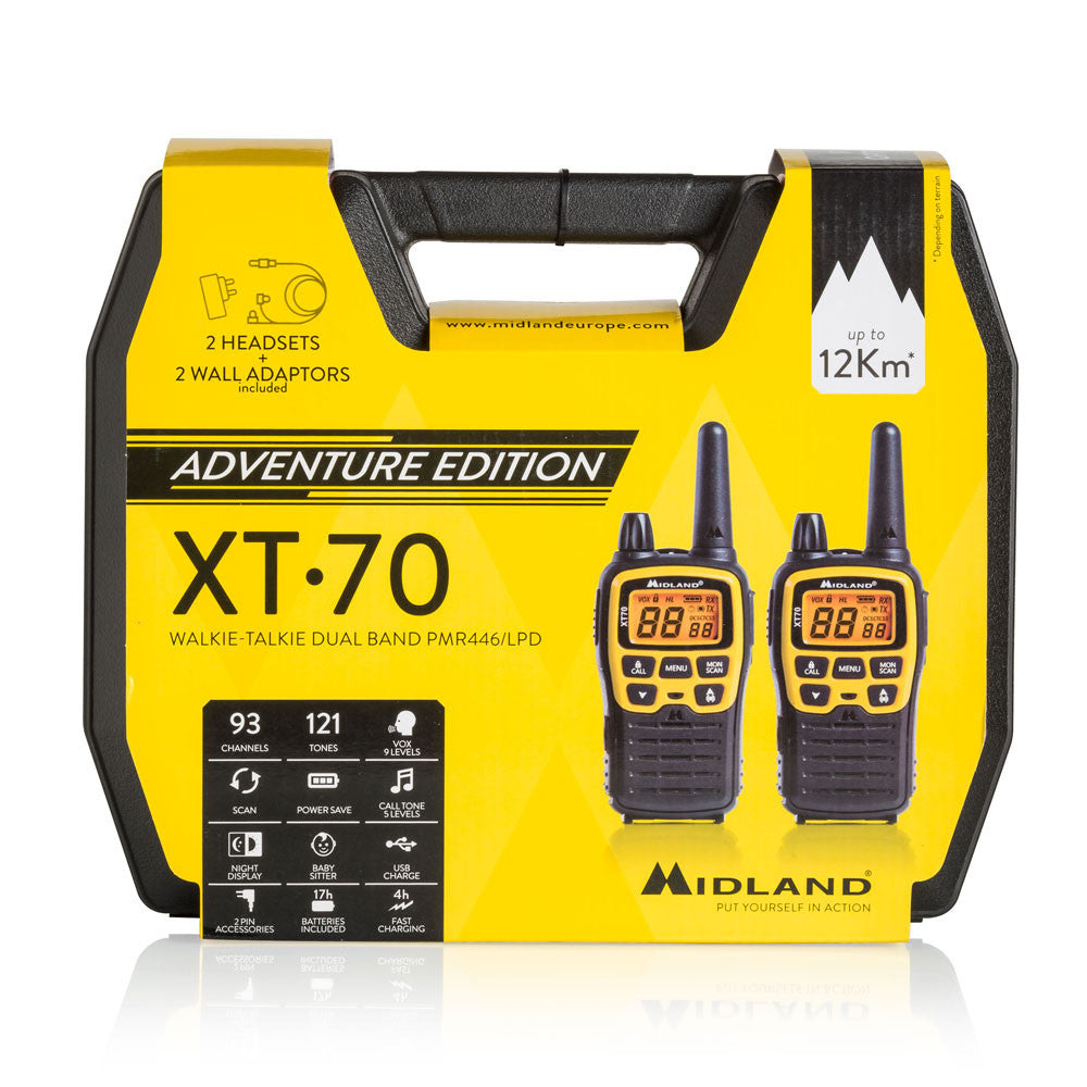 Midland XT70 Adventure – Funkgerät (2er-Set), 93 Kanäle, Reichweite bis 12 km, AA-Batterien, IP54