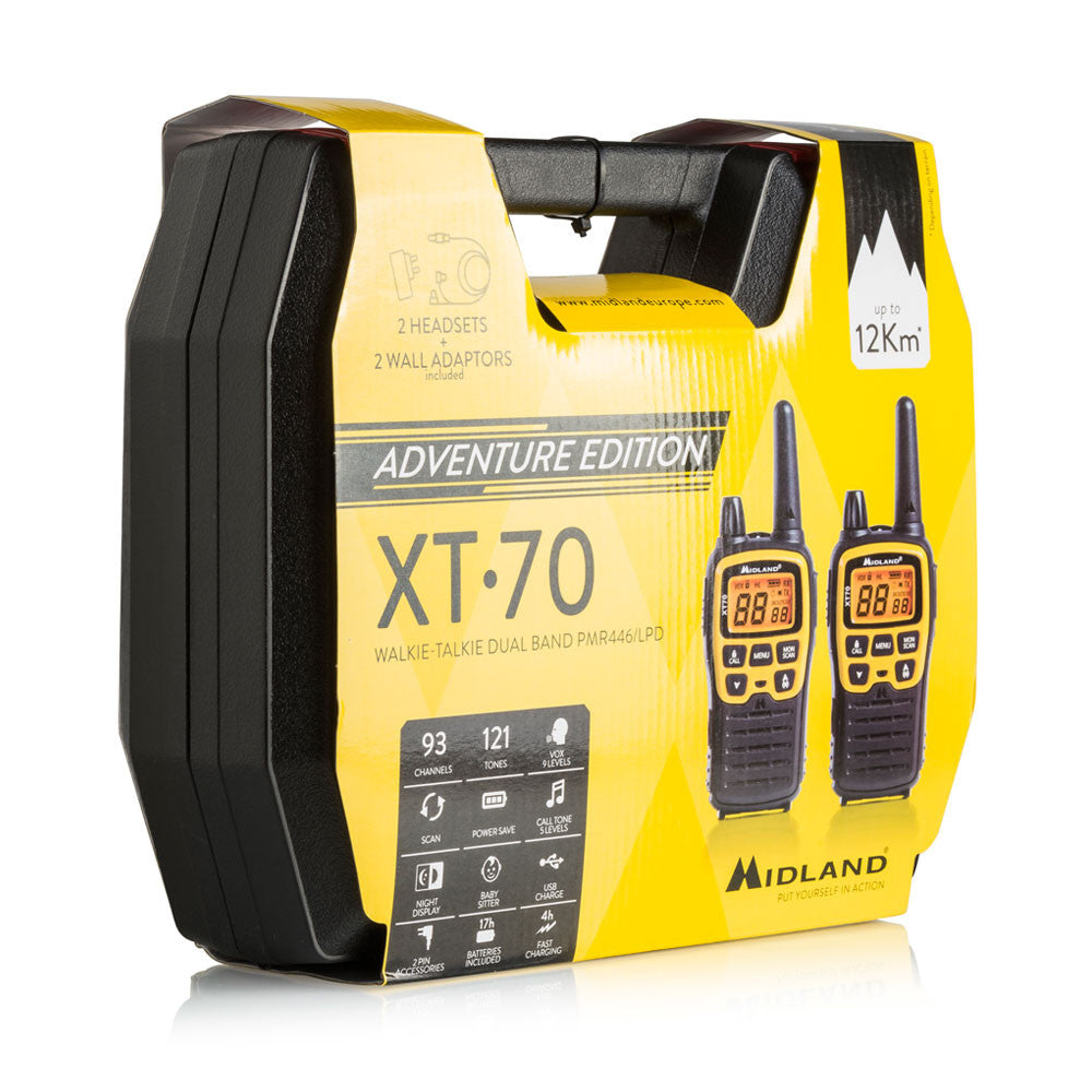 Midland XT70 Adventure – Funkgerät (2er-Set), 93 Kanäle, Reichweite bis 12 km, AA-Batterien, IP54
