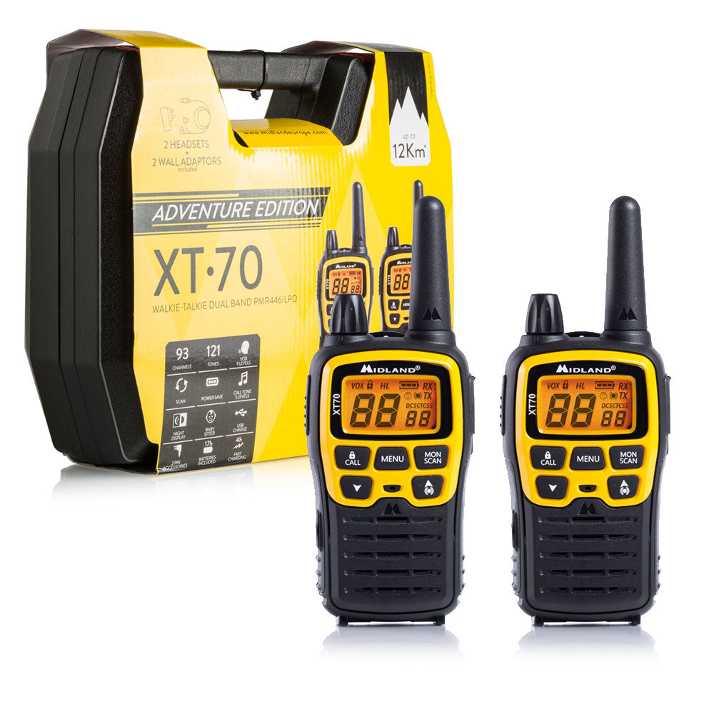 Midland XT70 Adventure – Funkgerät (2er-Set), 93 Kanäle, Reichweite bis 12 km, AA-Batterien, IP54