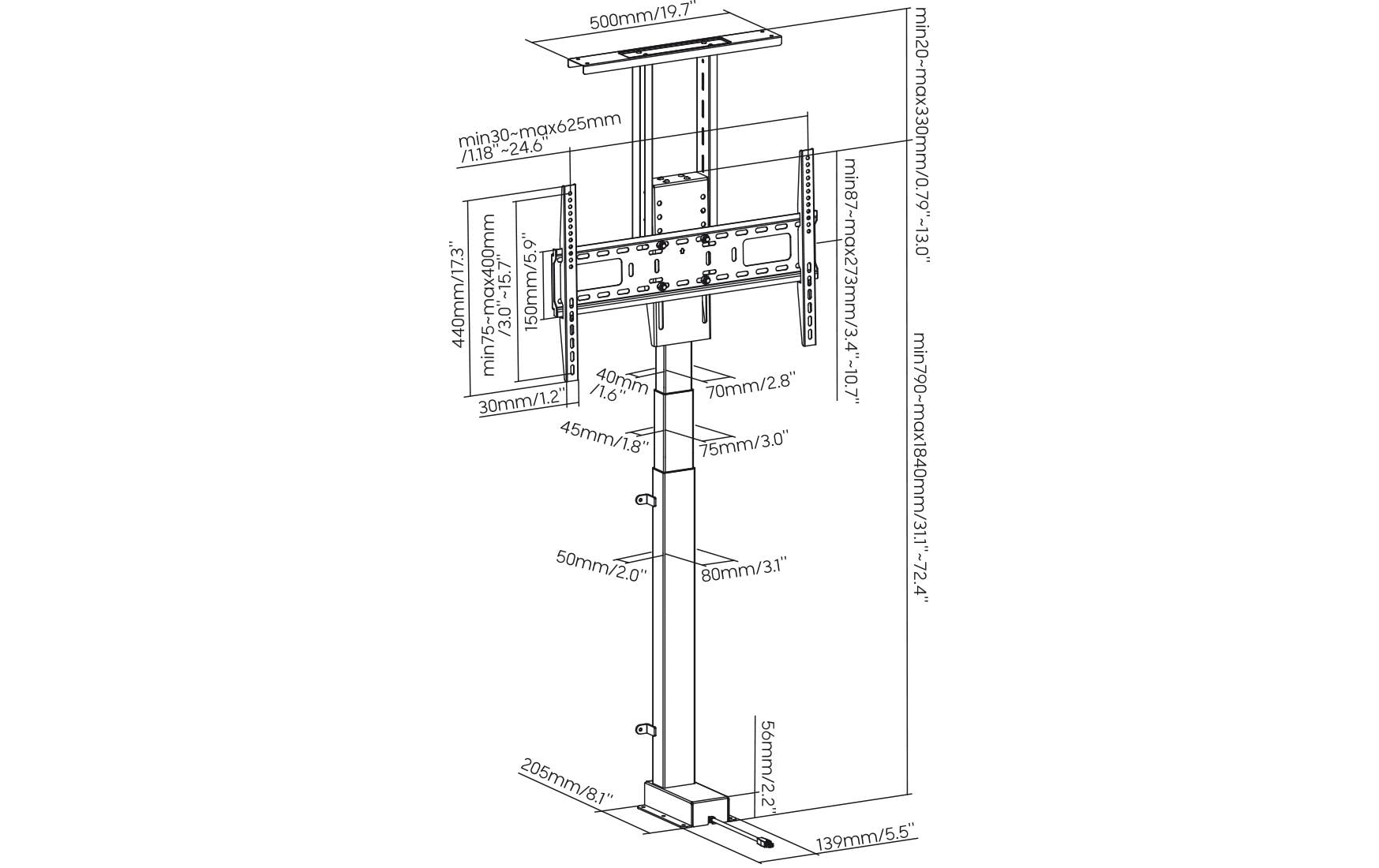 myWall HP 63-2 – Motorisierter Displayständer für 37–80", VESA 200×200–600×400, bis 60 kg, schwarz
