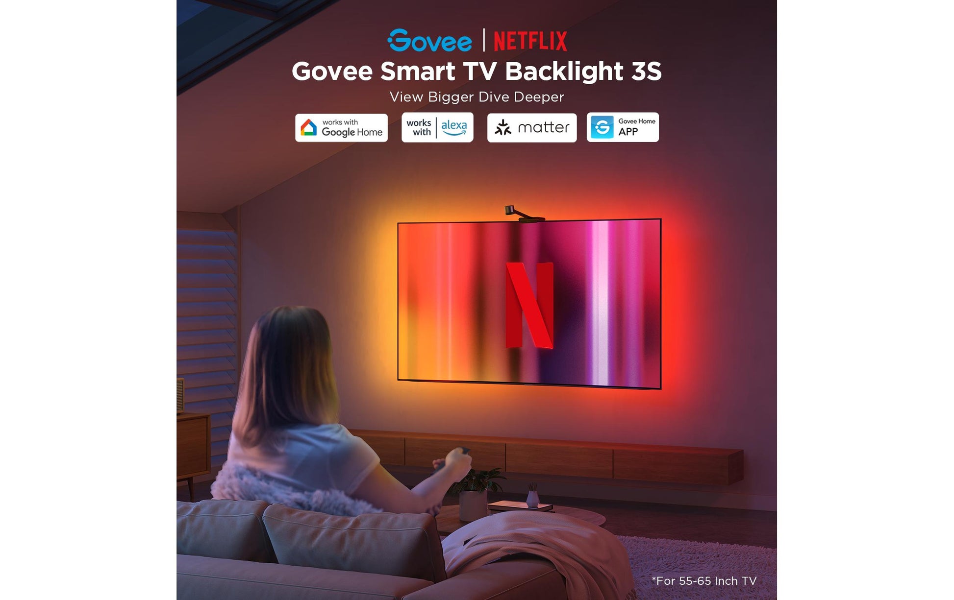 Govee Envisual TV Hintergrundbeleuchtung 3S TV-Hintergrundbeleuchtungs-Set – RGBIC, Wi‑Fi + Bluetooth – für 55–65" Fernseher – Schwarz