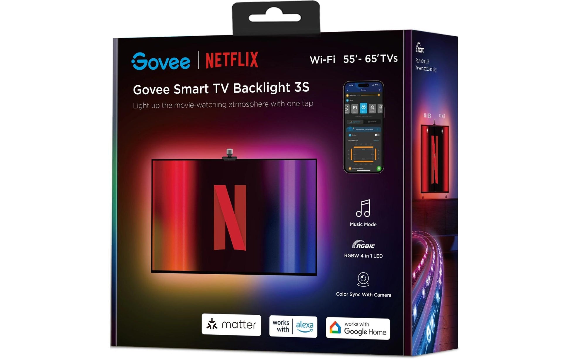 Govee Envisual TV Hintergrundbeleuchtung 3S TV-Hintergrundbeleuchtungs-Set – RGBIC, Wi‑Fi + Bluetooth – für 55–65" Fernseher – Schwarz