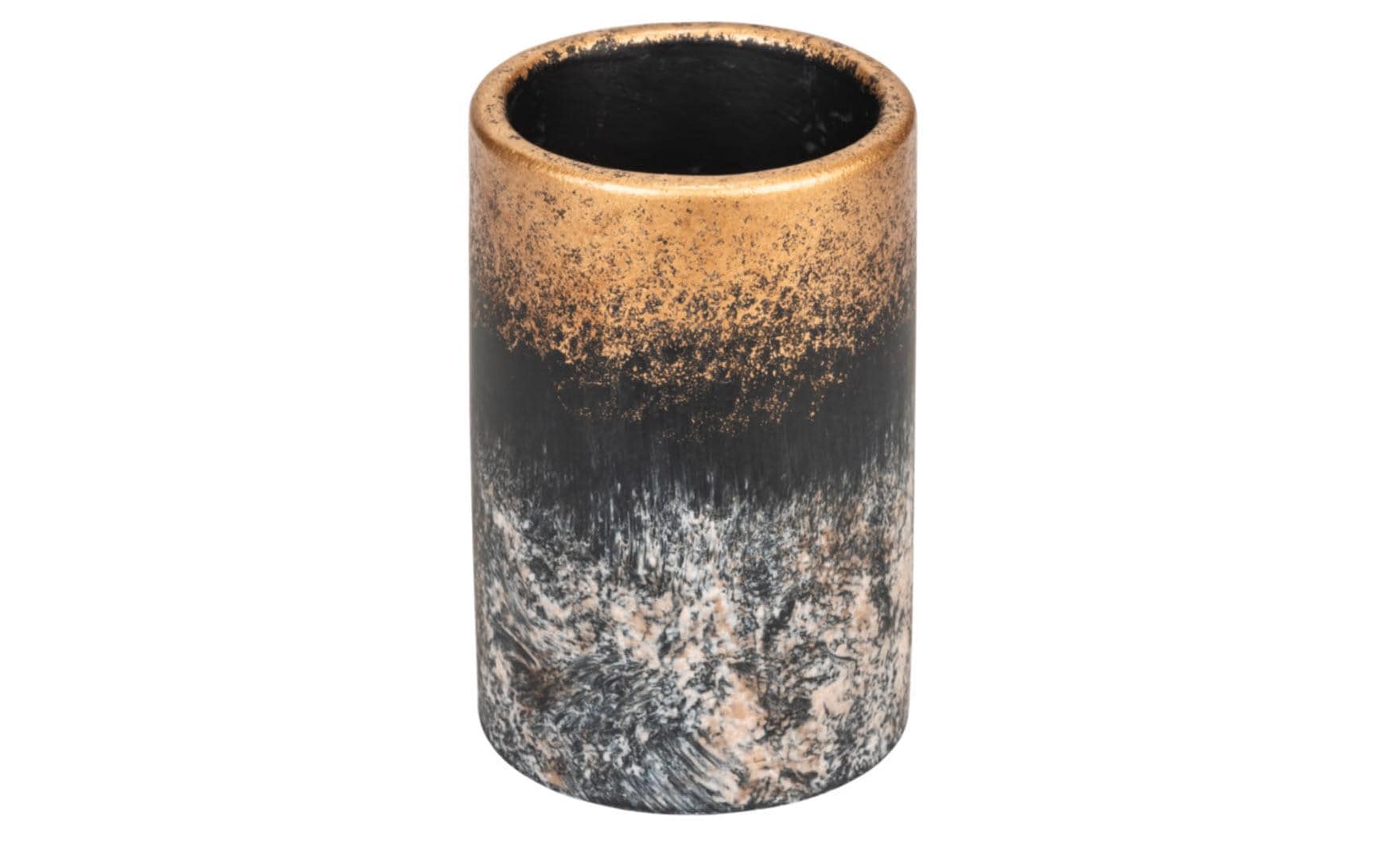WENKO Zahnbürstenhalter (freistehend) – Beton, 6,9×6,9×9,6 cm, Grau/Schwarz/Gold