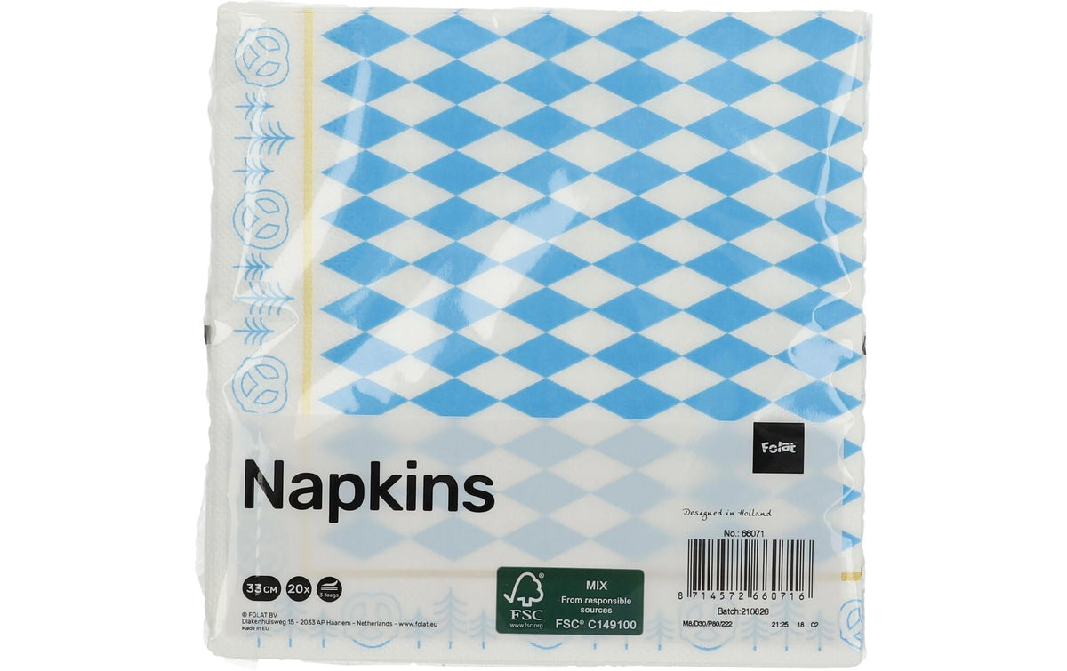 Folat Oktoberfest Servietten Blau/Weiss – 33 × 33 cm, 3-lagig – 20 Stück