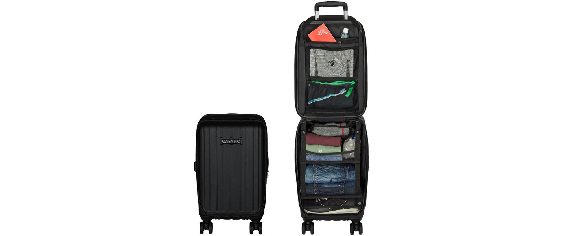 Casyro Stand-Up S – Trolley Hartschale, 45 l, Handgepäck geeignet, 4 Rollen, TSA-Schloss, PC, Schwarz, 34 × 55