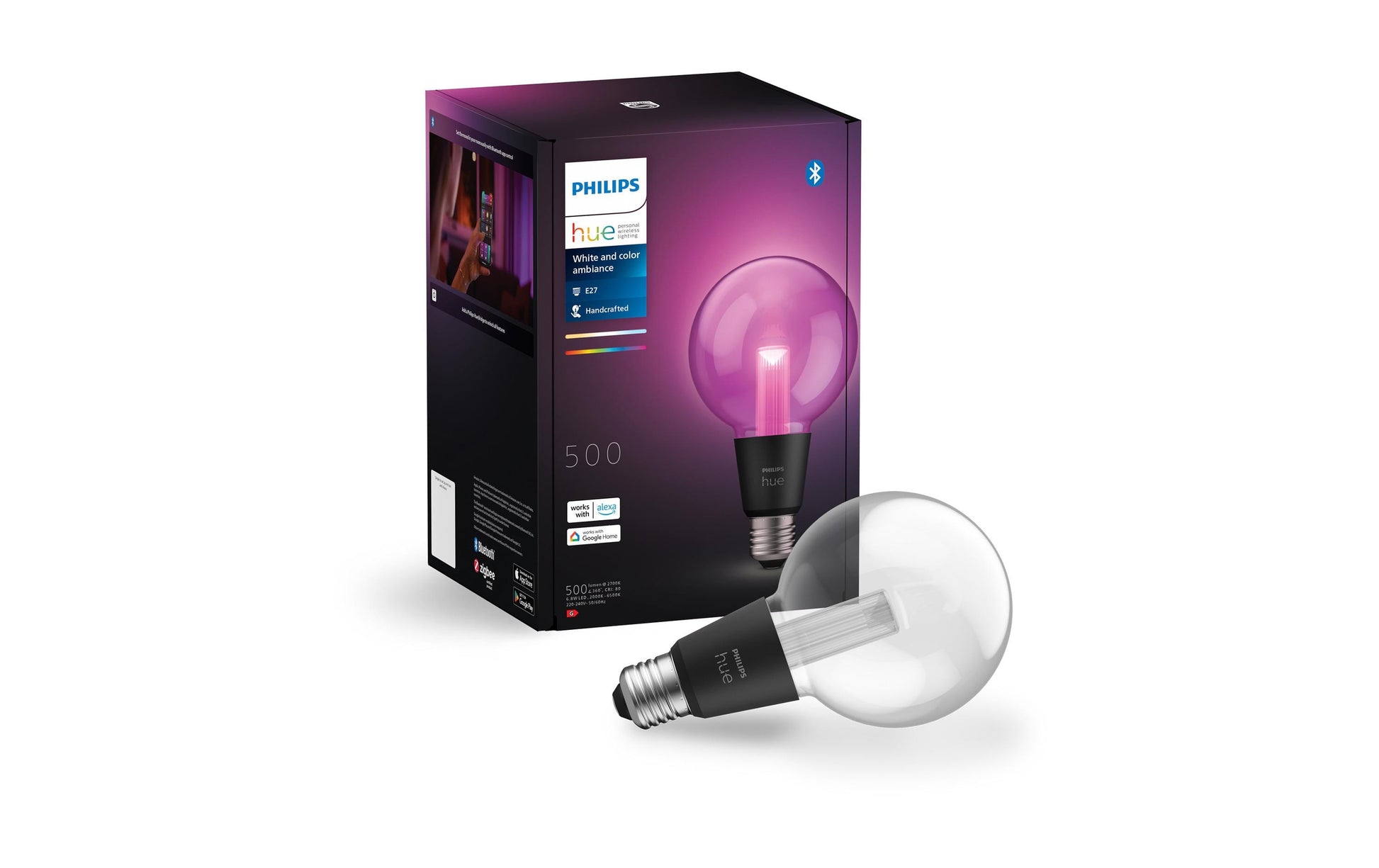 Philips by Signify Philips Hue Smart-Leuchtmittel E27 G95 – 500 lm, 2000–6500 K/mehrfarbig, App, dimmbar