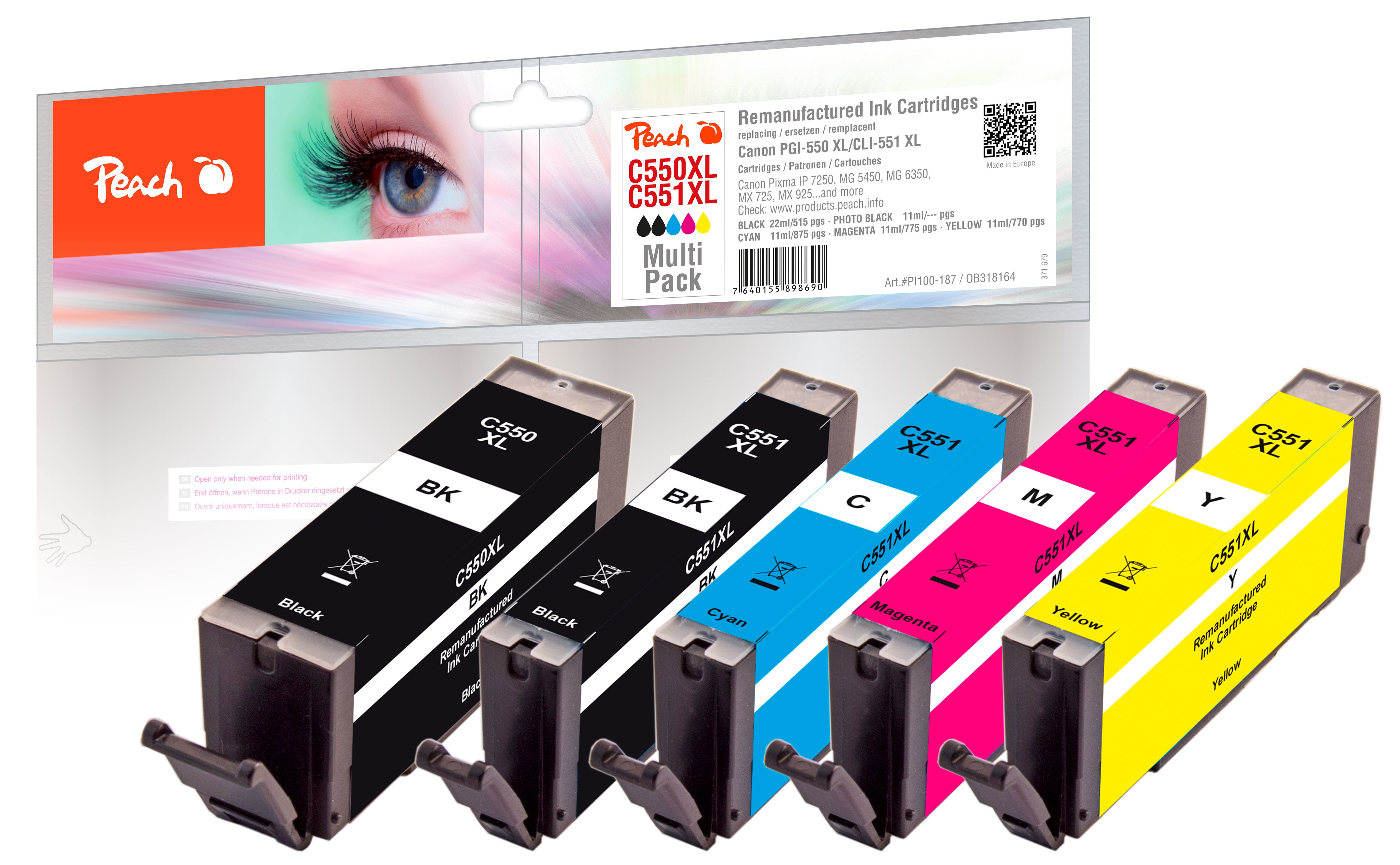 Peach PGI-550XL/CLI-551XL Tintenpatronen-Multipack, Schwarz/Cyan/Magenta/Gelb (Kompatibel)