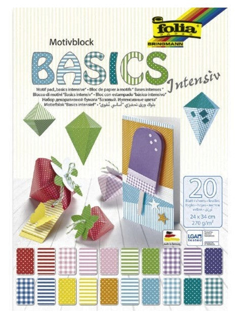 Folia Motivkartonblock, Basics intensiv – 240 × 340 mm – 270 g/m² – sortiert – 20 Blatt