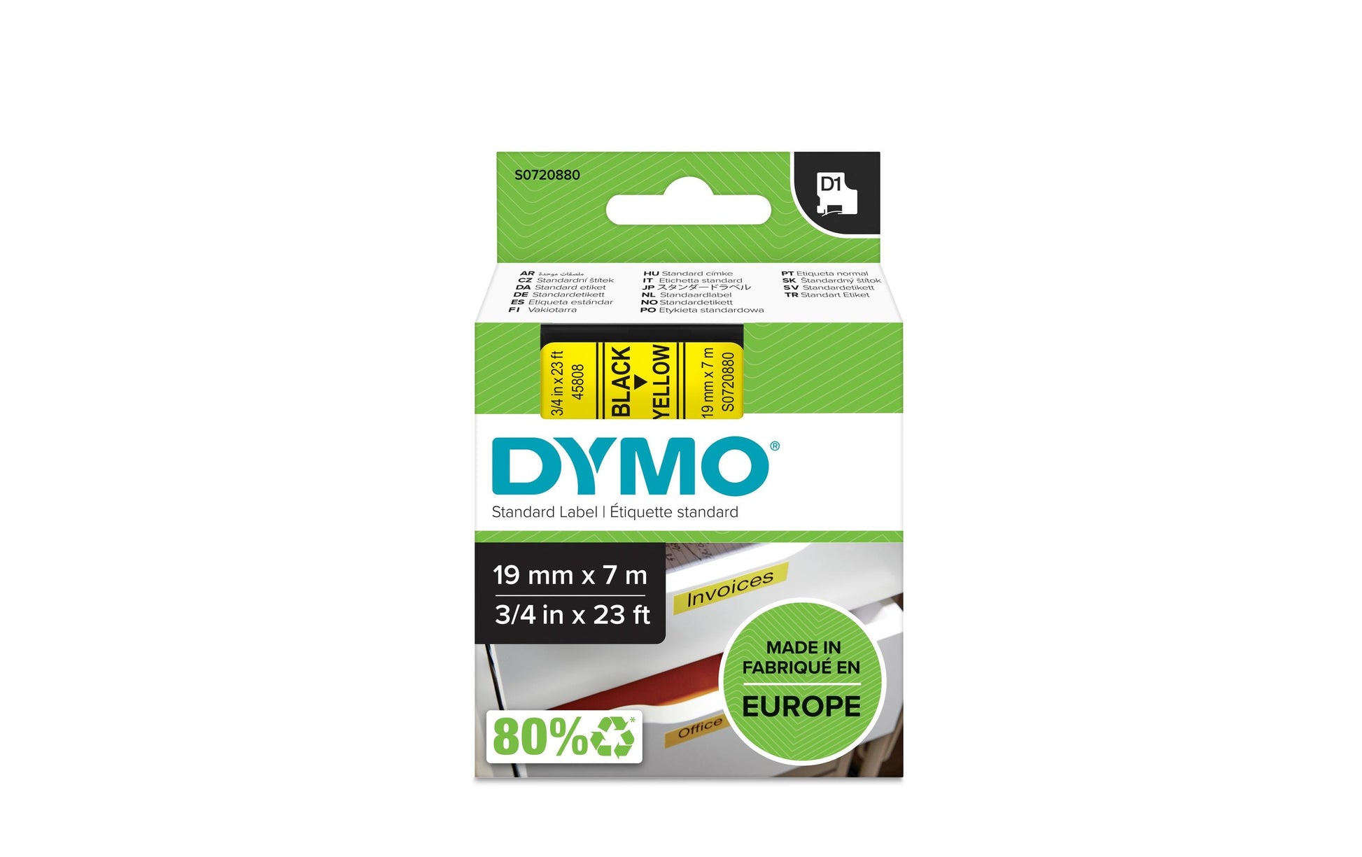 DYMO Schriftband – 19 mm × 7 m, gelb, schwarz, D1-TAPE