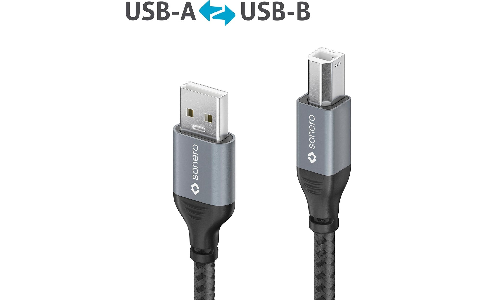 Sonero – USB-A auf USB-B Kabel – USB 2.0 (480 Mbit/s) – 1,5 m – Geflochten – Schwarz/Grau