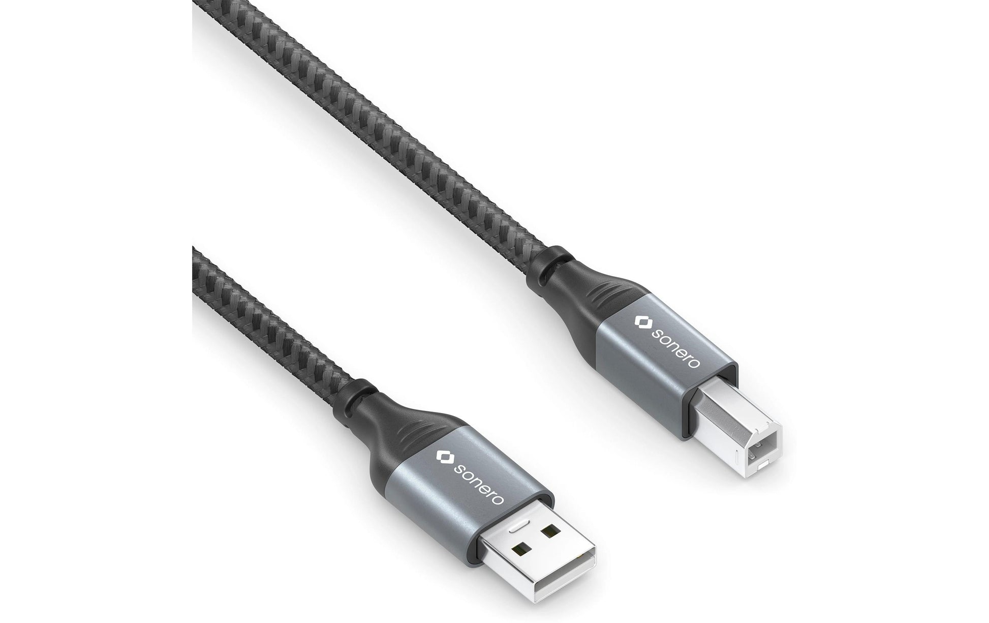 sonero USB-Kabel – USB-A auf USB-B – USB 2.0 (480 Mbit/s) – 3 m – Geflochten, Baumwolle – Schwarz/Grau