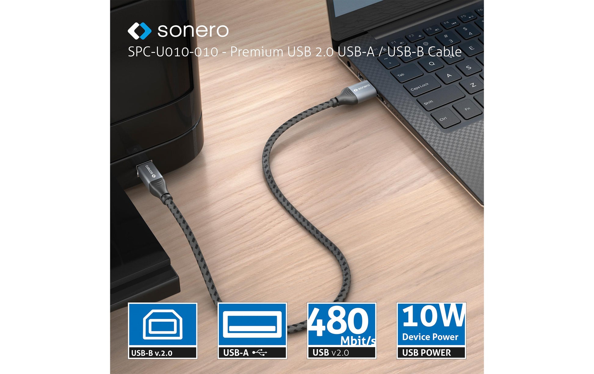 Sonero – USB-A auf USB-B Kabel – USB 2.0 (480 Mbps) – 5 m – Geflochten, Verstärkt – Schwarz
