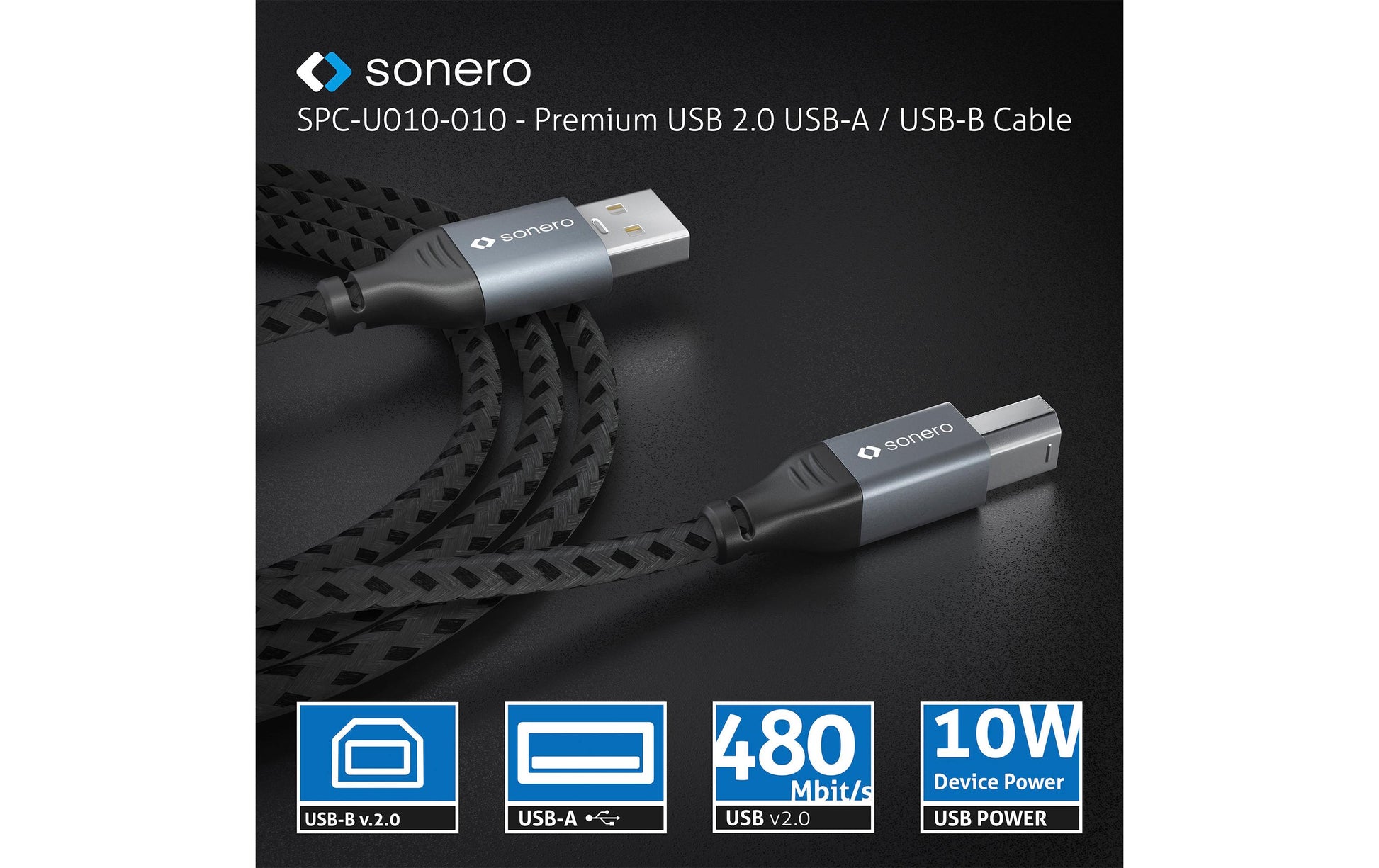 Sonero – USB-Kabel USB-A auf USB-B – USB 2.0 (480 Mbit/s) – 1 m – Geflochten – Schwarz/Grau