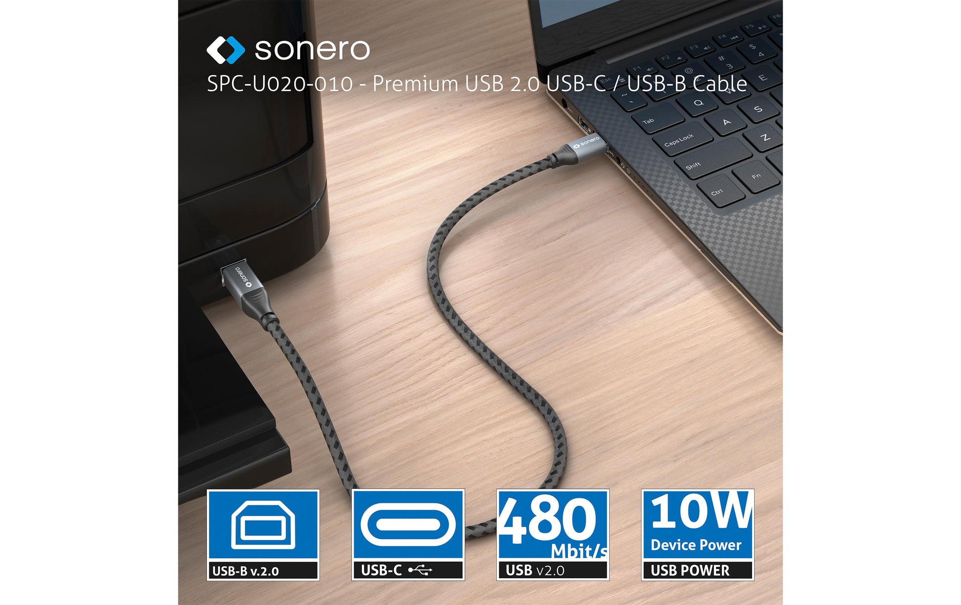 Sonero – USB-C auf USB-B Kabel – USB 2.0 (480 Mbit/s) – 1,5 m – Geflochten, verstärkter Nylonmantel – Schwarz