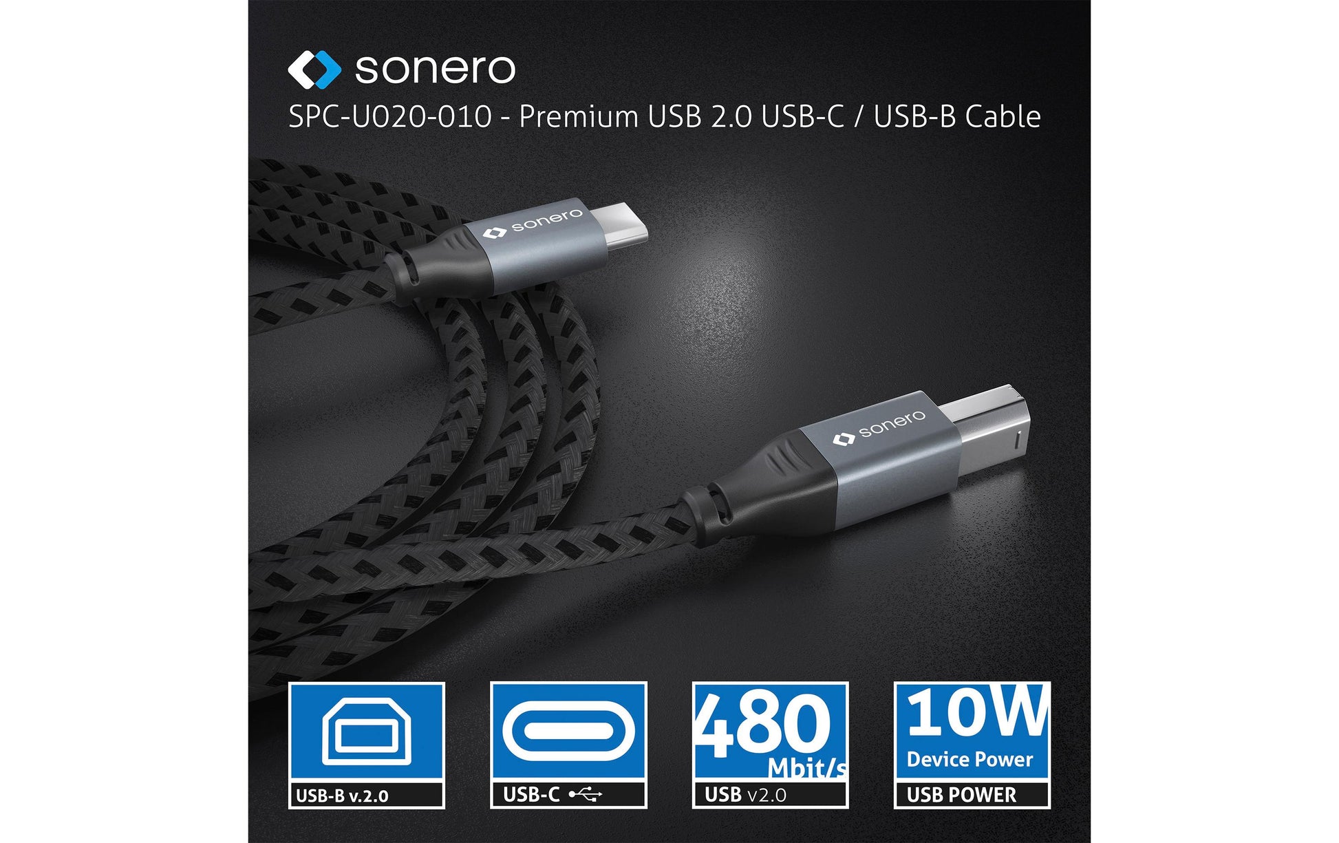 Sonero – USB-C auf USB-B Kabel – USB 2.0 (480 Mbit/s) – 0,5 m – Geflochten, Schwarz/Grau