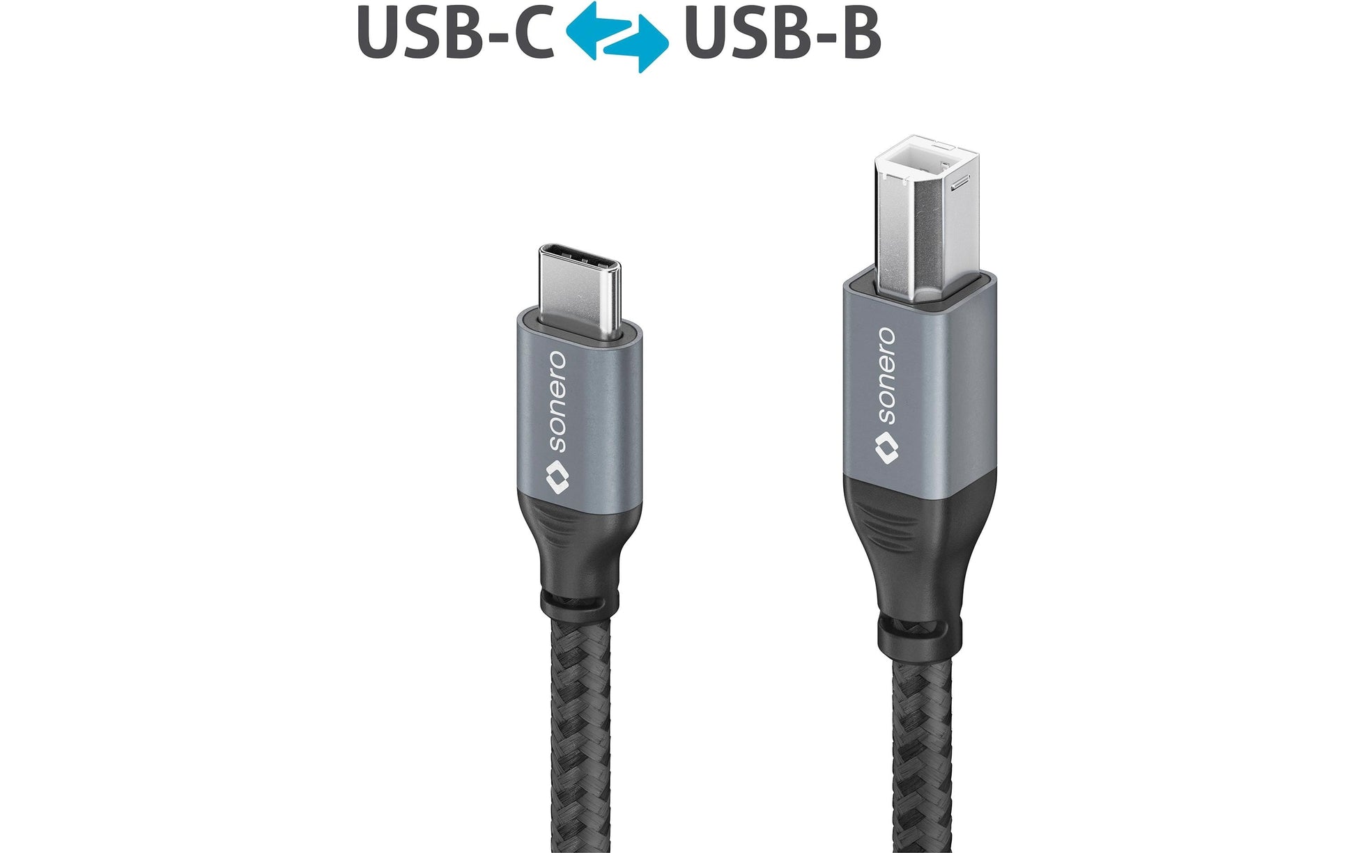 Sonero – USB-Kabel – USB-C auf USB-B – USB 2.0 (480 Mbit/s) – 5 m – Geflochten, Baumwolle – Schwarz/Grau