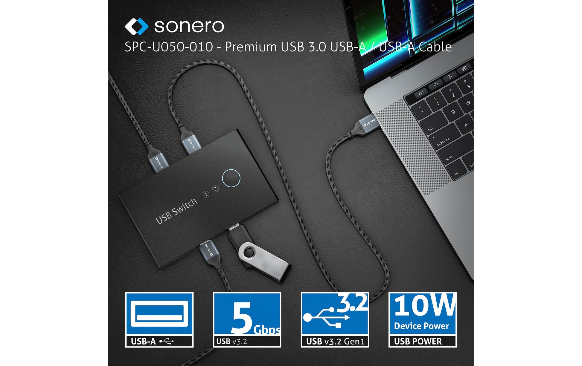 Sonero – USB-A auf USB-A Kabel – USB 3.2 Gen 1 (5 Gbit/s) – 3 m – Geflochten, Aluminiumstecker – Schwarz/Grau