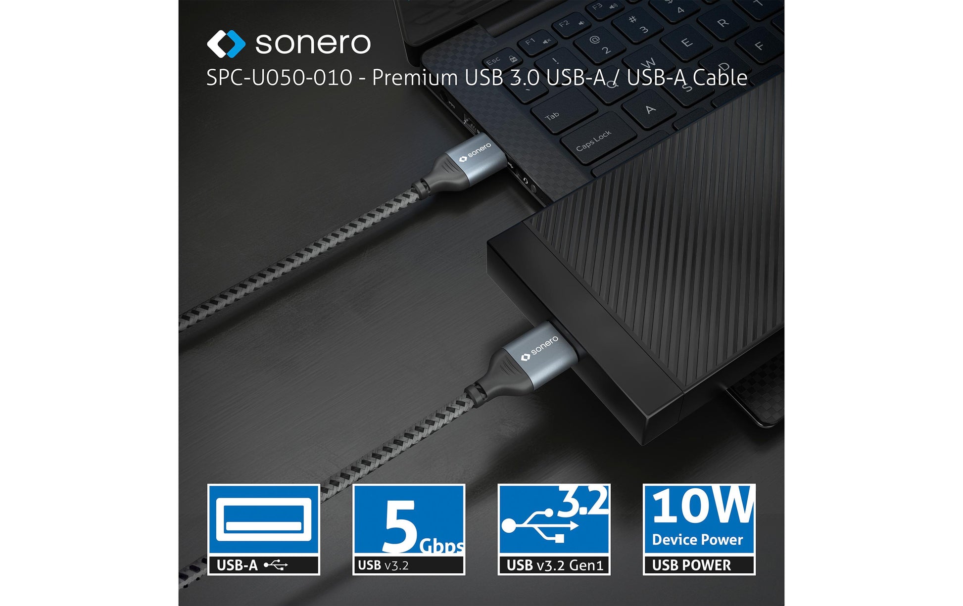 Sonero – USB-A auf USB-A Kabel – USB 3.2 Gen 1 (5 Gbit/s) – 3 m – Geflochten, Aluminiumstecker – Schwarz/Grau