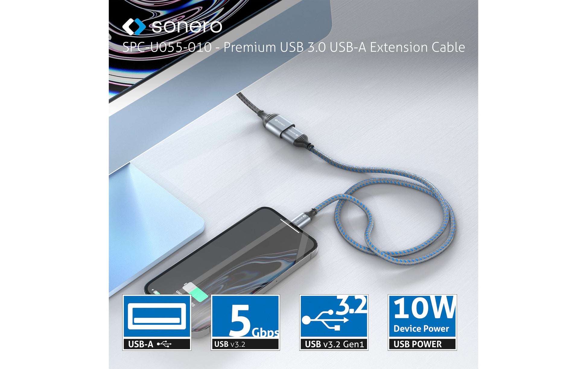 Sonero – USB-A Verlängerungskabel (Stecker auf Buchse) – USB 3.2 Gen 1 (5 Gbit/s) – 3 m – Schwarz/Grau