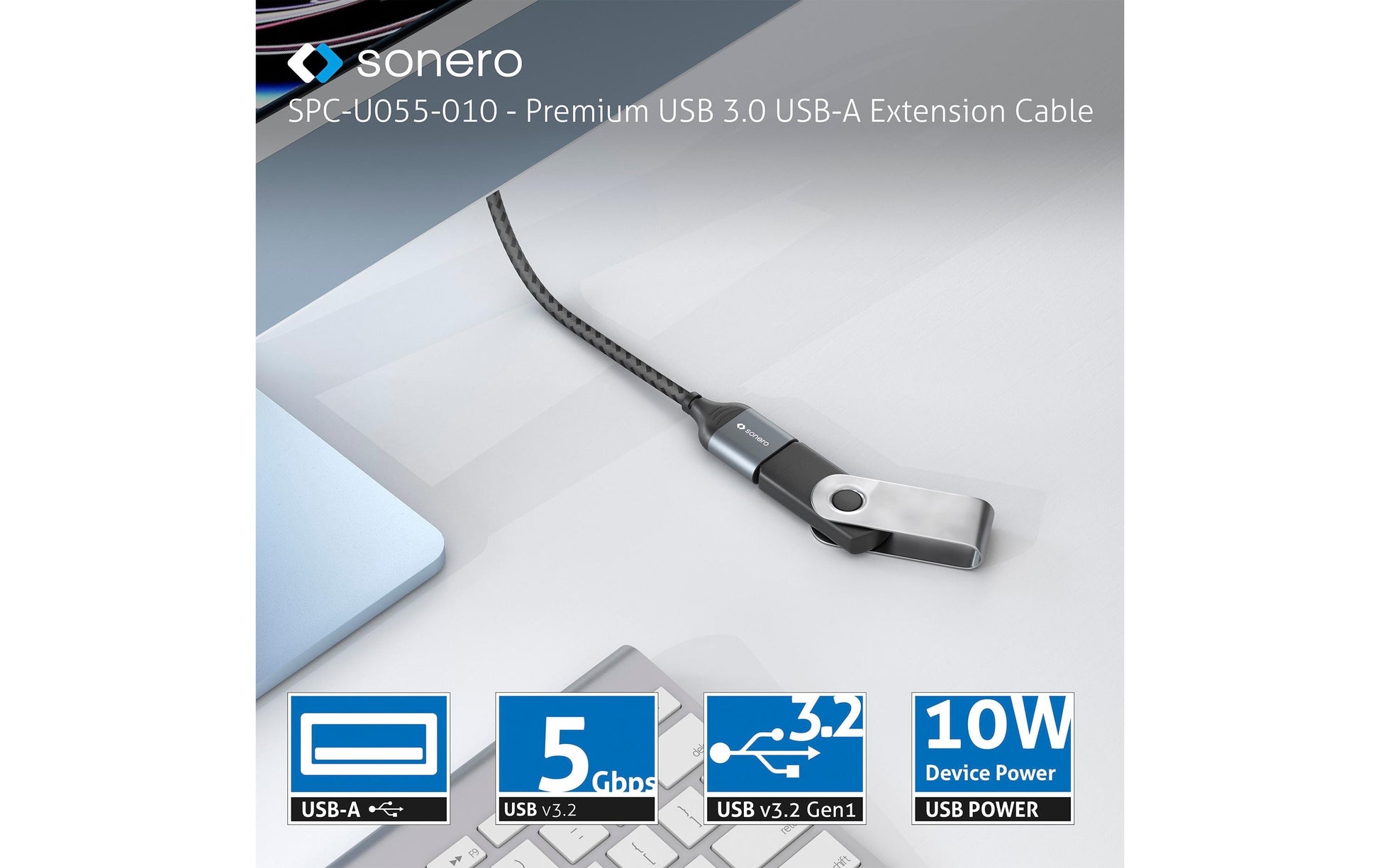 Sonero – USB-A Verlängerungskabel (Stecker auf Buchse) – USB 3.2 Gen 1 (5 Gbit/s) – 2 m – Schwarz/Grau
