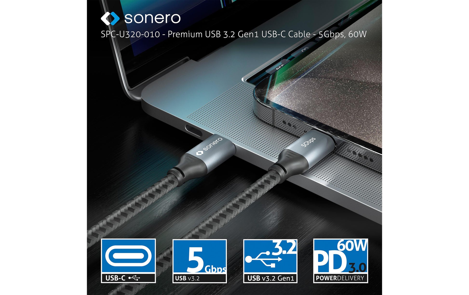 Sonero – USB-C auf USB-C Kabel – USB 3.2 Gen 1 (5 Gbit/s) – 0,5 m – PD 60 W – Geflochten – Schwarz/Grau
