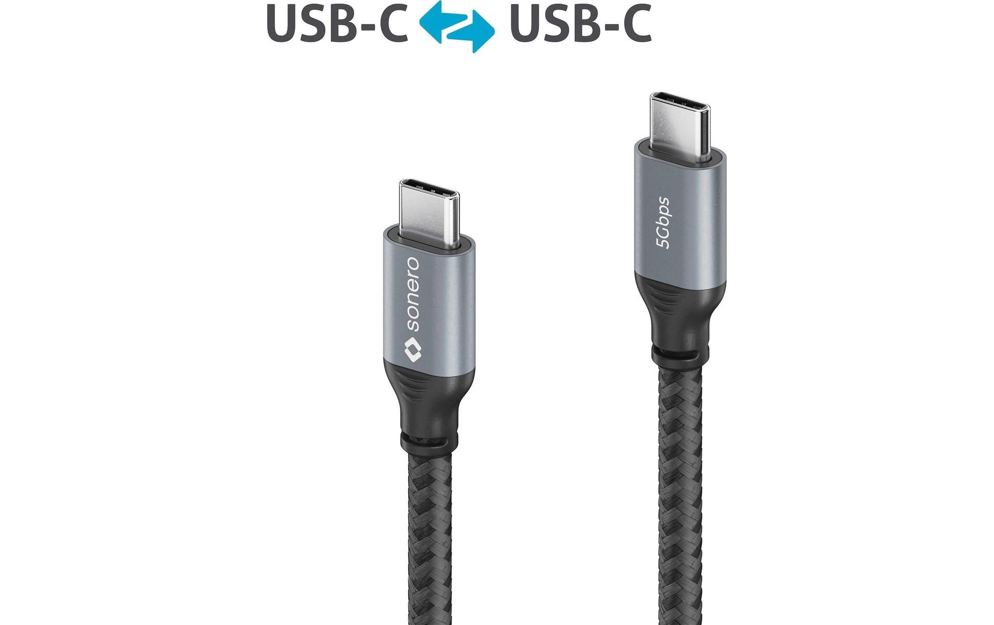 Sonero – USB-C auf USB-C Kabel – USB 3.2 Gen 1 (5 Gbit/s) – 0,5 m – PD 60 W – Geflochten – Schwarz/Grau