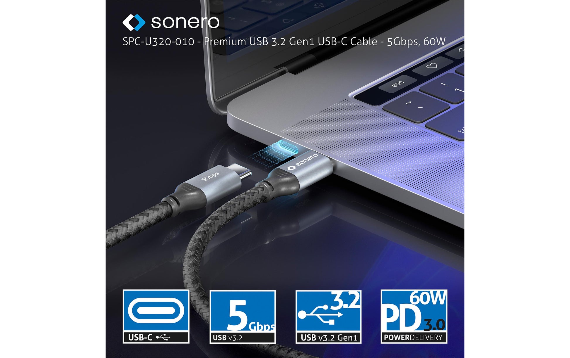 Sonero – USB-C auf USB-C Kabel – USB 3.2 Gen 1 (5 Gbit/s) – 0,5 m – PD 60 W – Geflochten – Schwarz/Grau