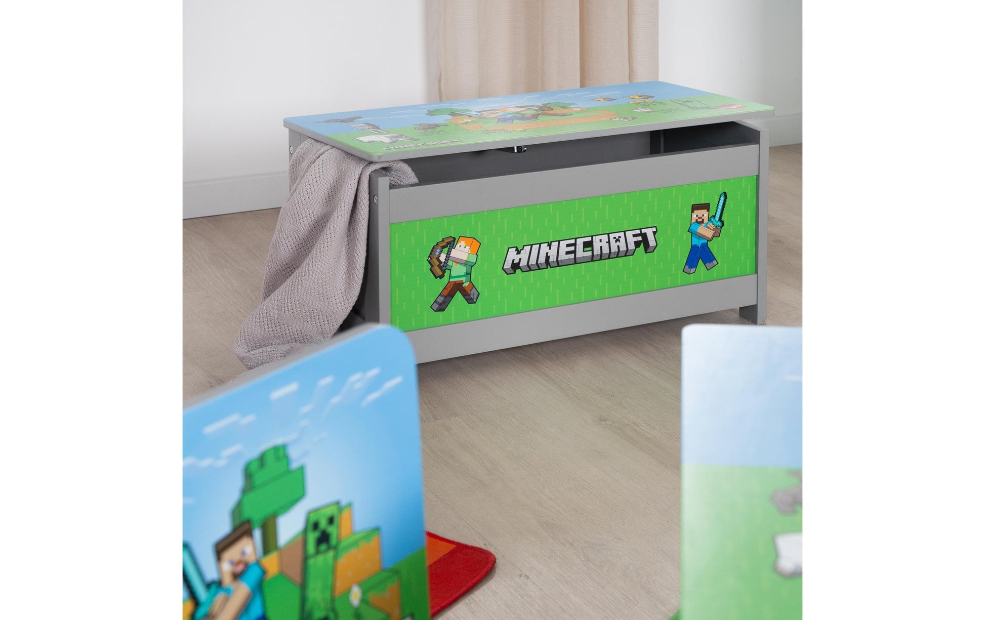 Phoenix Minecraft Truhe/Sitzbank – Holz (MDF) – Grau – 600 × 320 × 300 mm