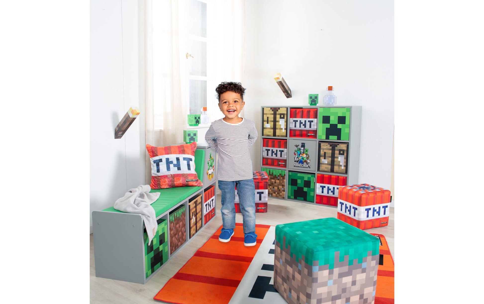 Phoenix Minecraft Sitzbank/Leseregal – 4 Böden – 119 × 30 × 60 cm – Grau/Mehrfarbig