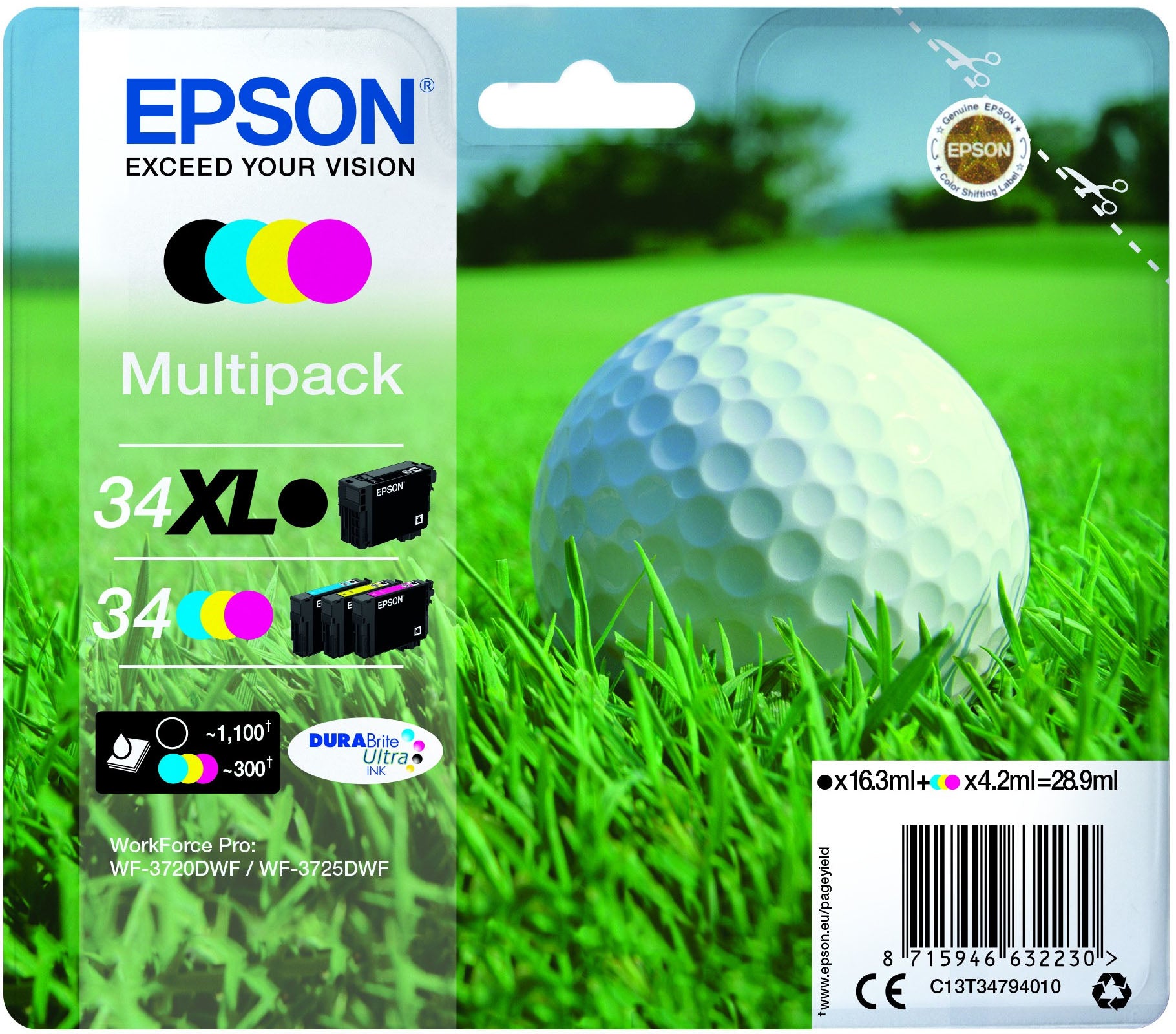 Epson Tintenpatronen-Multipack, Schwarz/Cyan/Magenta/Gelb (Original) – für WorkForce Pro WF-3720/3725DWF