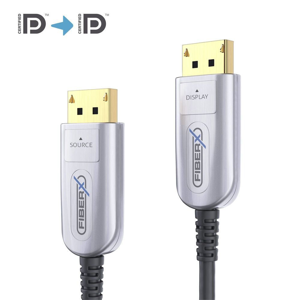 FiberX DisplayPort Kabel DP 2.0 8K 60 Hz – 100 m – AOC, verriegelbar – Schwarz/Silber