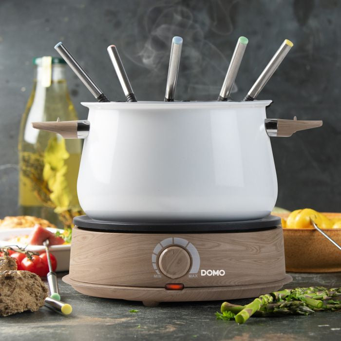 Domo Fondue-Set DO736F – Edelstahl, 2 l, 8 Gabeln, elektrisch – weiss/Holz