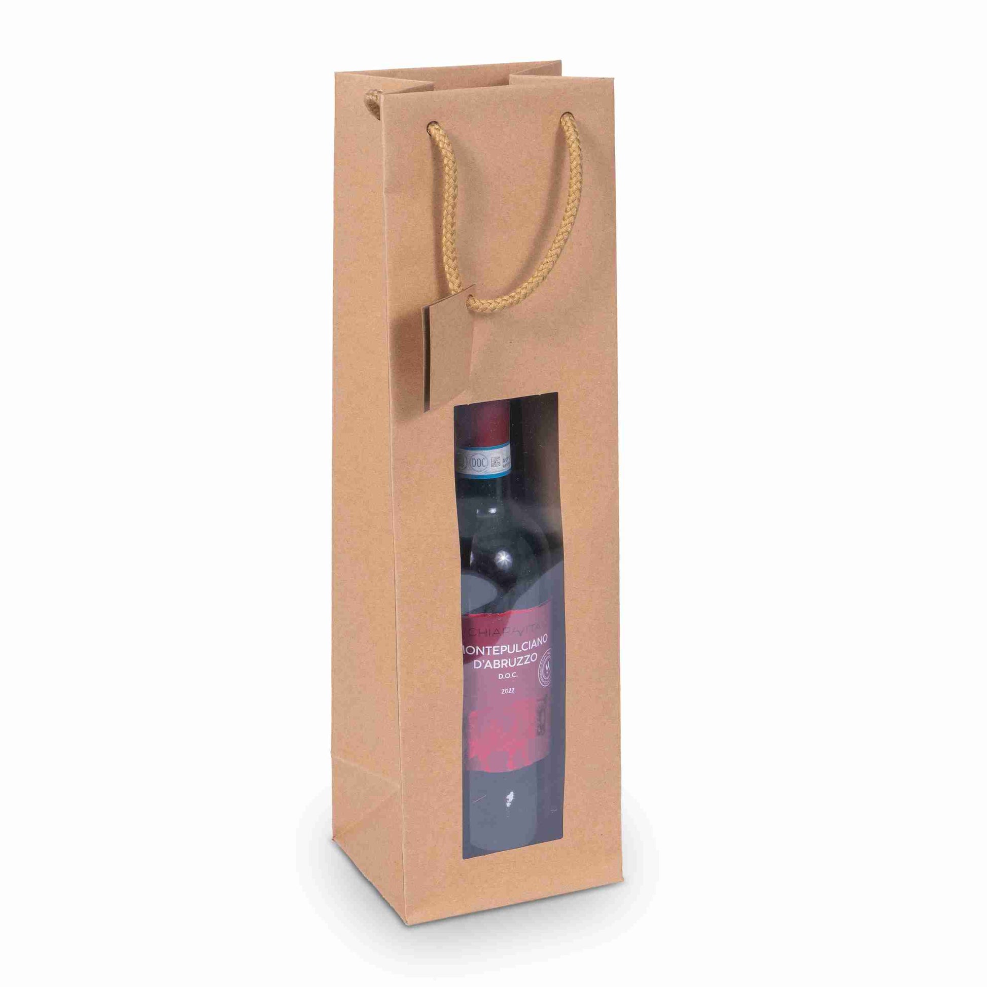 Model Flaschentüte Papier mit Fenster, braun – für 1 Flasche (max. Flaschenhöhe 390 mm, Ø 110 mm) – 1 Stk., ab 50 Stk.
