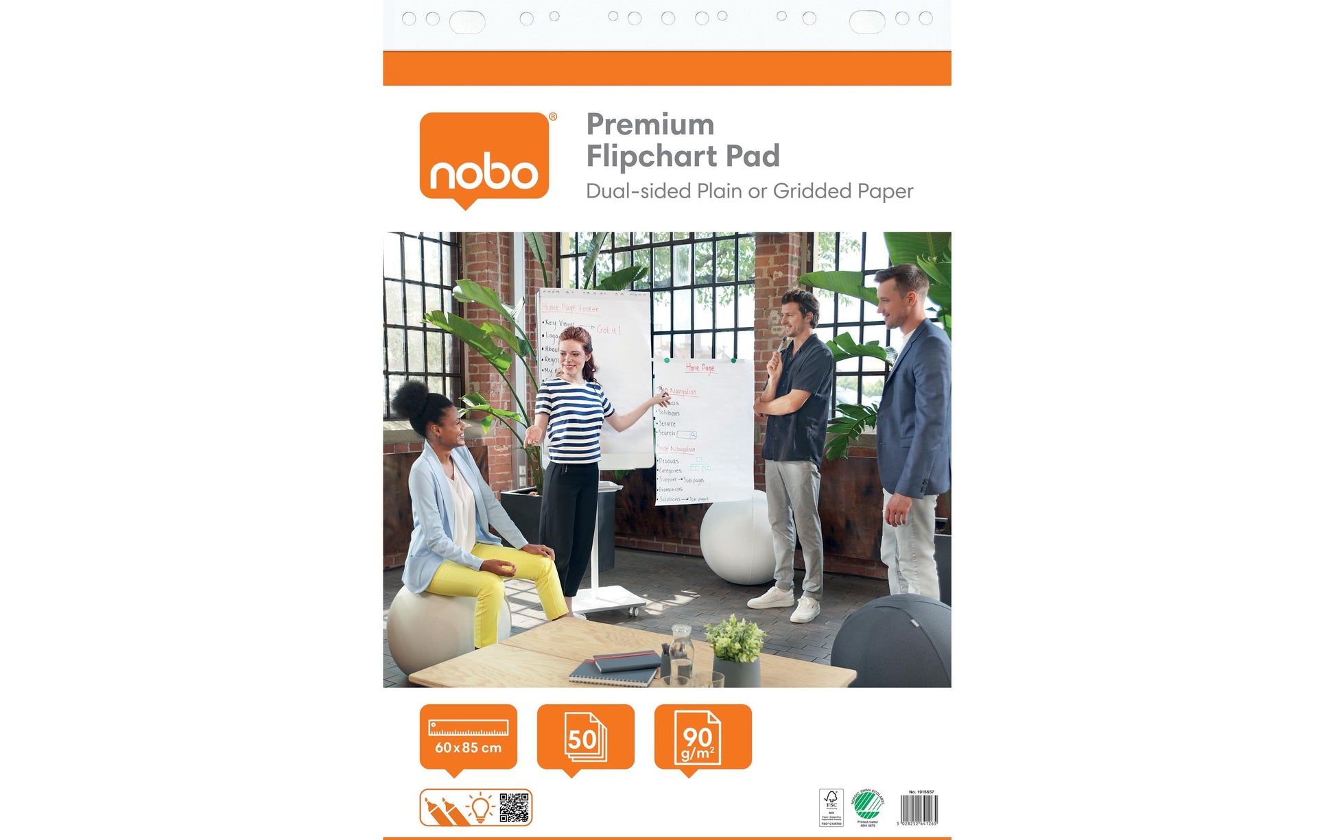 Nobo Flipchart-Block – 60 × 90 cm, 50 Blatt/Block, kariert, weiss, Papier