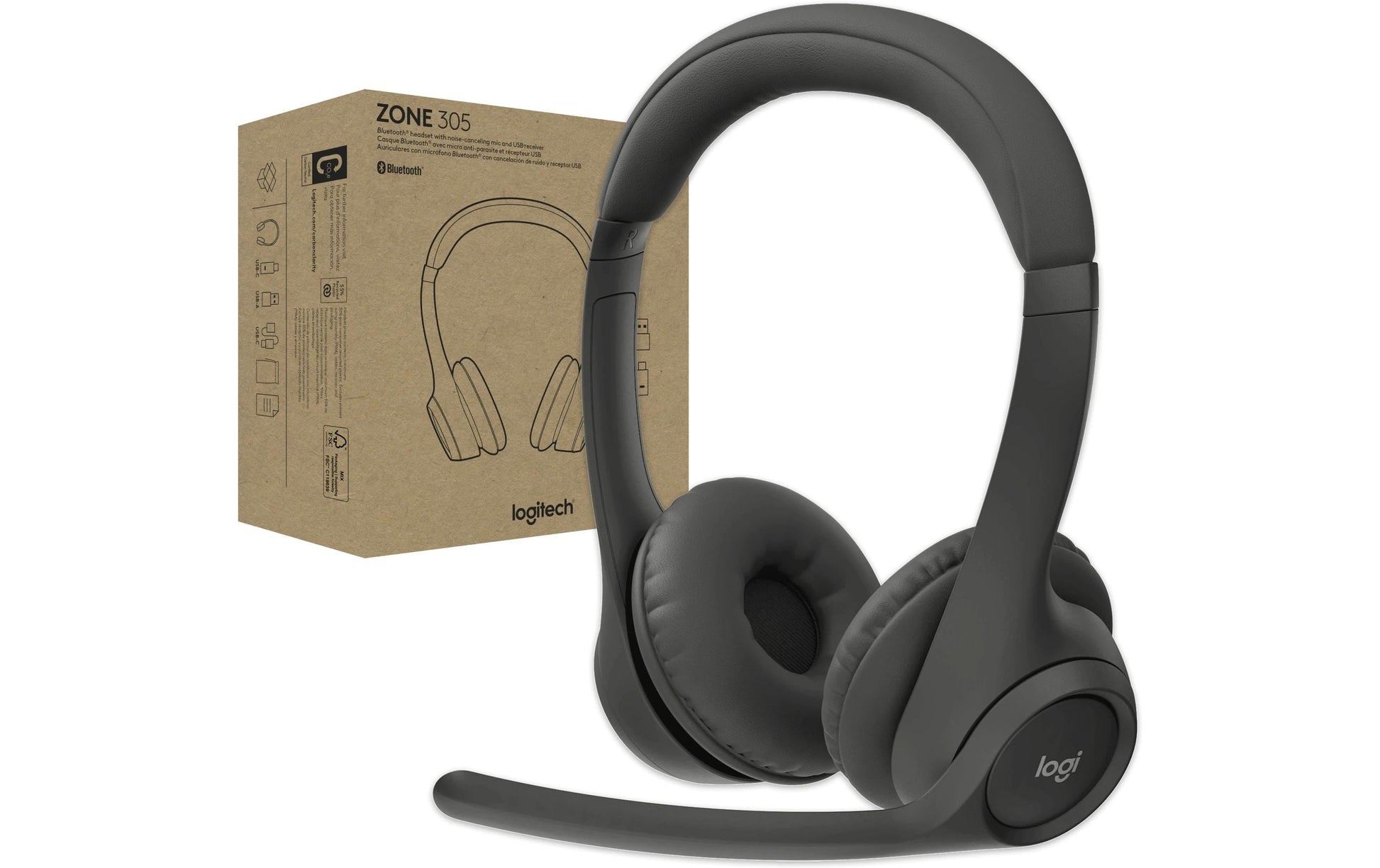 Logitech ZONE 305 – Headset – Bluetooth, USB-A-Dongle, UC-Version – Schwarz