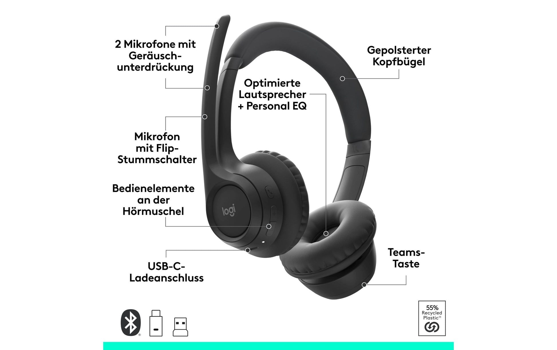 Logitech Zone 305 – Headset – USB‑A – für Microsoft Teams – Schwarz