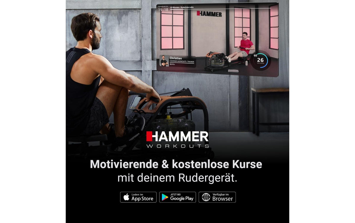 HAMMER Rudergerät RowFlow 5.0 NorsK, 150 kg, 205 × 57 × 103 cm – Braun, Holz