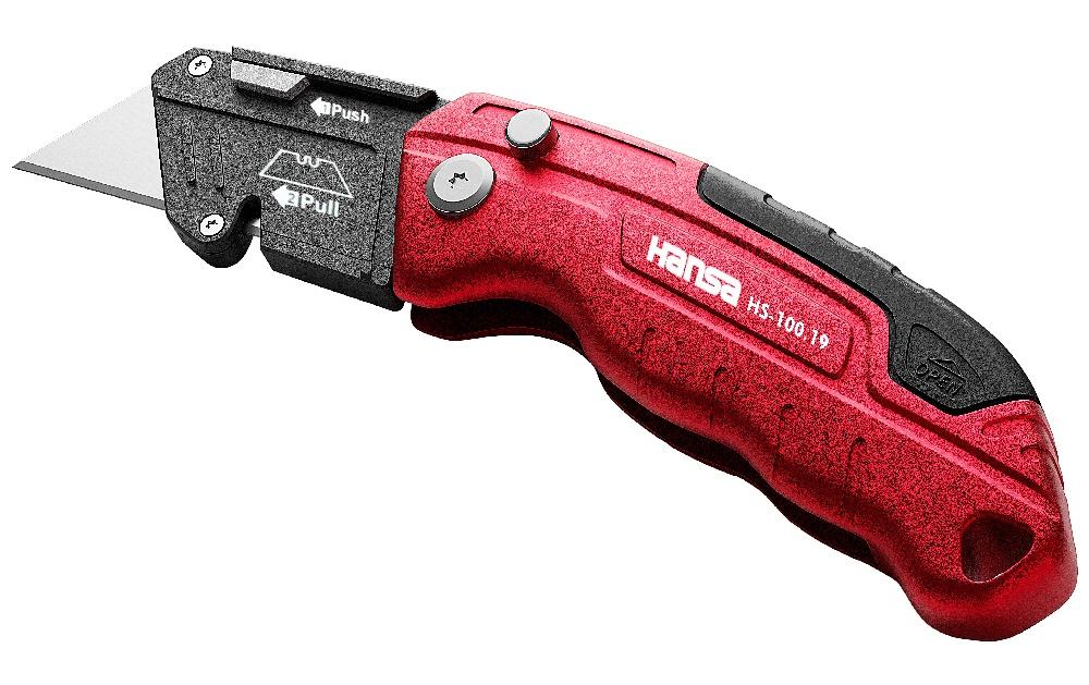 Hansa HS-100.19 – 19 mm Trapezmesser, Aluminiumgehäuse, klappbar, schwarz-rot