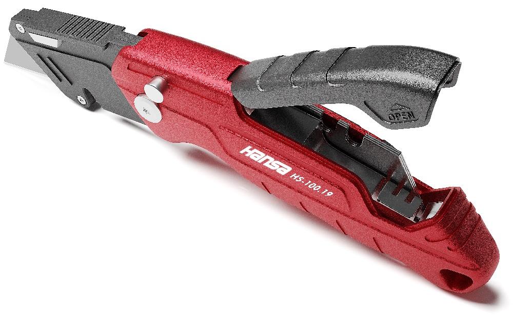 Hansa HS-100.19 – 19 mm Trapezmesser, Aluminiumgehäuse, klappbar, schwarz-rot